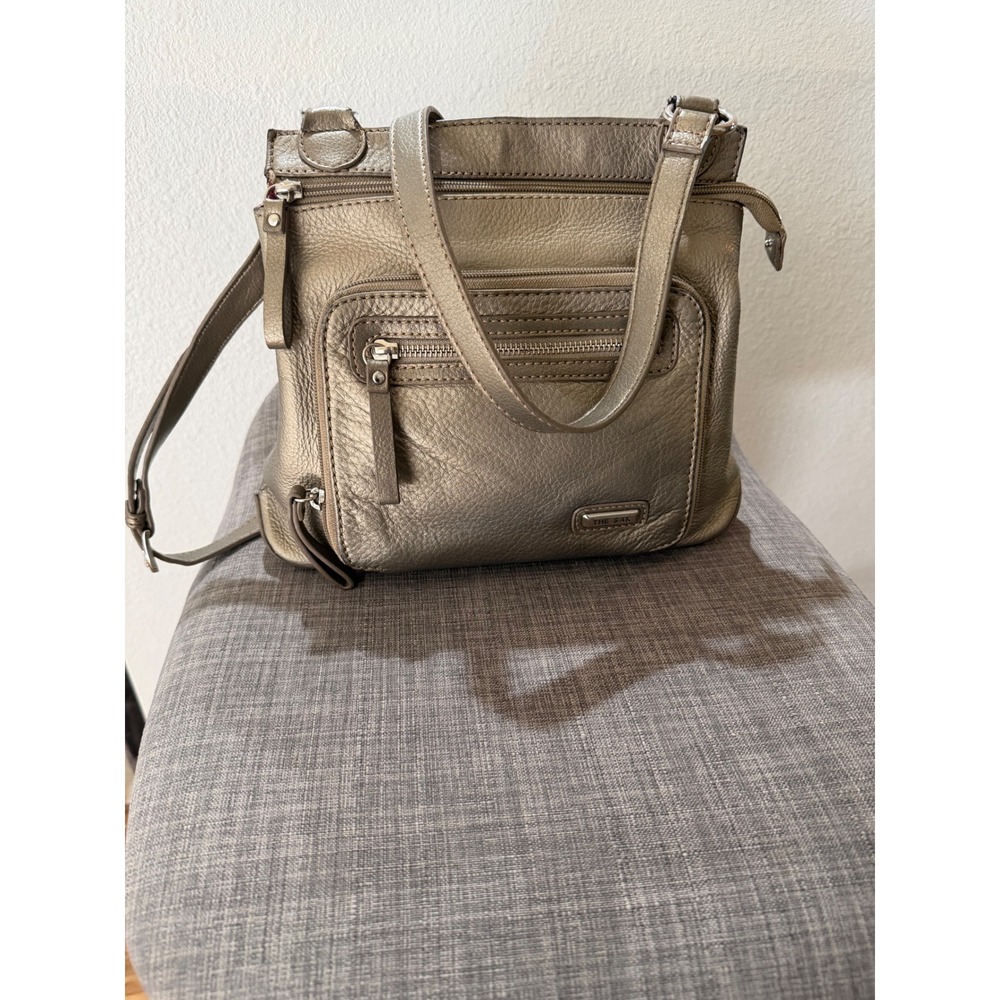The Sak Metallic Pewter Leather Crossbody Bag Organizer Purse Silver Hardware